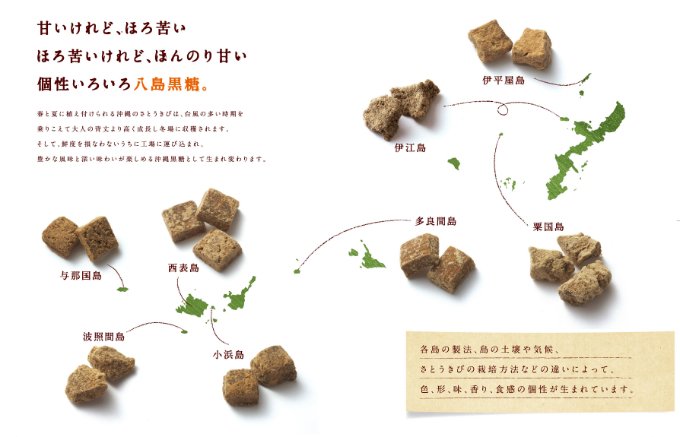 8つの島で製造された沖縄黒糖の食べ比べができる「八島黒糖」